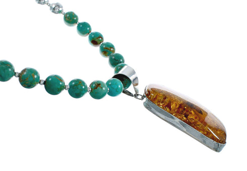 Native American Turquoise and Amber Bead Sterling Silver Necklace JX129246